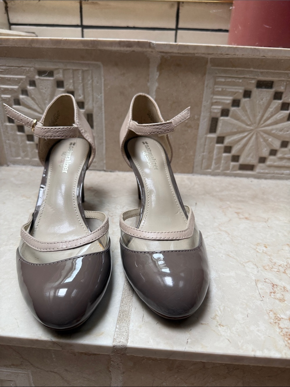 Earthies Two-Tone Patent Ankle-Strap Heels in Taupe and Light Beige